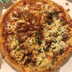 Papa Johns Pizza - Extra large pizza: pepperoni and green peppers on all, and mushrooms and black olives on half.