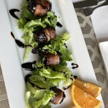 Chesca's Restaurant - Bacon wrapped feta stuffed dates, citrus balsamic reduction, local greens - New American Near Me - Edgartown, Massachusetts