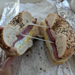 Pastrami and and cheese (Swiss) on an everything bagel