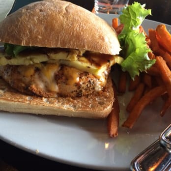 The Whiskey Kitchen - Blackened Chicken/pineapple sandwich with sweet potato fries. Yummmy!!! - Gastropubs Near Me - Virginia Beach, Virginia