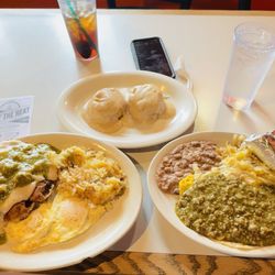 Mi Cocina - Smothered Chicken fried steak & huevos  rancheros with green meat sauce   : Side of gravy and biscuits