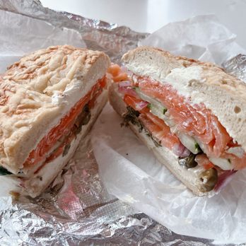 Pio Bagel - Lox supreme on an Asiago cheese bagel - Bagels Near Me - New York, New York Pio Bagel - Lox supreme on an Asiago cheese bagel - Bagels Near Me - New York, New York