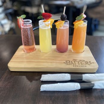 Batters And Brunch - Mimosa Flight - Strawberry Classic; Pina Colada; Orange Strawberry; Strawberry Orange Mango - Breakfast & Brunch Near Me - Humble, Texas
