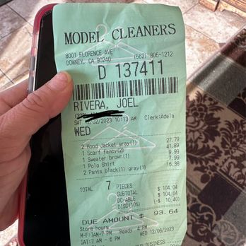 Model Cleaners & Laundry - Receipt - Dry Cleaning Near Me - Downey, California