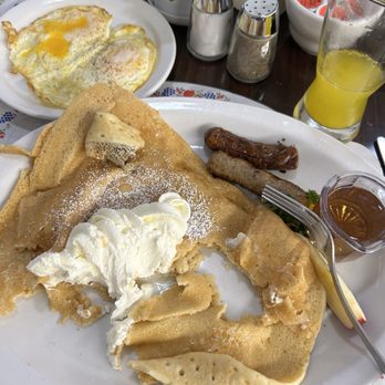 Paula's Pancake House - Danish pancakes - eggs . Turkey sausage and a mimosa. - Breakfast & Brunch Near Me - Solvang, California