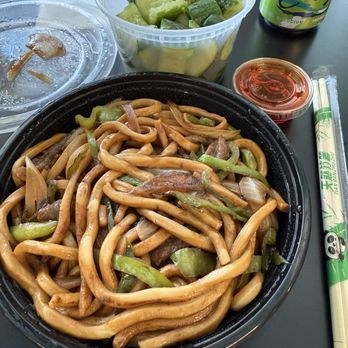 Shanghai time - Shredded Beef With Hot Peppers Udon(Spicy) and Garlic Cucumber Salad - Shanghainese Near Me - New York, New York Shanghai time - Shredded Beef With Hot Peppers Udon(Spicy) and Garlic Cucumber Salad - Shanghainese Near Me - New York, New York