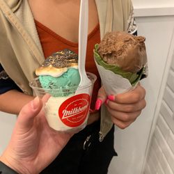 Milkbomb Ice Cream - Aqua dreams + Banana with torched marshmallow  Double chocolate in matcha cone
