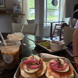 Lox bagel and Rosie the riveter special 4th of july drink (collagen protein latte with toasted marshmallow syrup) Lox bagel and Rosie the riveter special 4th of july drink (collagen protein latte with toasted marshmallow syrup)