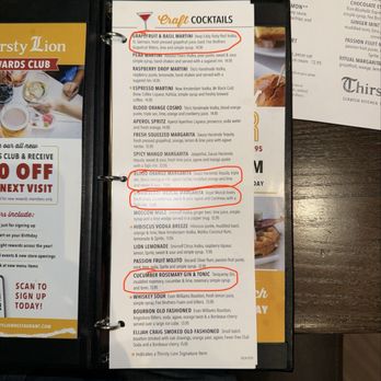 Thirsty Lion - Chandler - Cocktail menu with our drinks circled - American Near Me - Chandler, Arizona Thirsty Lion - Chandler - Cocktail menu with our drinks circled - American Near Me - Chandler, Arizona