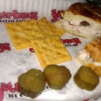 Jitterbugs Ice Cream Cafe - Chicken salad with grapes and pecans on a croissant. $8.99. 3 saltines. 3 pickle coins. Chicken salad tastes like Aldi's brand. - Ice Cream & Frozen Yogurt Near Me - Manassas, Virginia Jitterbugs Ice Cream Cafe - Chicken salad with grapes and pecans on a croissant. $8.99. 3 saltines. 3 pickle coins. Chicken salad tastes like Aldi's brand. - Ice Cream & Frozen Yogurt Near Me - Manassas, Virginia