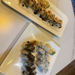 Sunshine roll (top) and Philadelphia roll + shrimp tempura roll