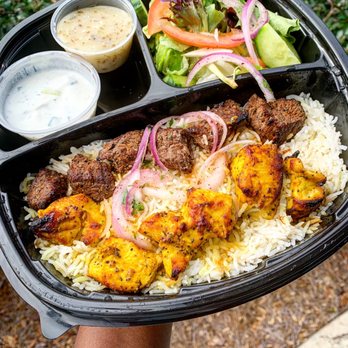 Kebab Skewer - Two Skewer Platter: Chicken Kebab, Beef Shish Kebab, Salad & Rice, Greek Dressing - Kebab Near Me - Cary, North Carolina Kebab Skewer - Two Skewer Platter: Chicken Kebab, Beef Shish Kebab, Salad & Rice, Greek Dressing - Kebab Near Me - Cary, North Carolina