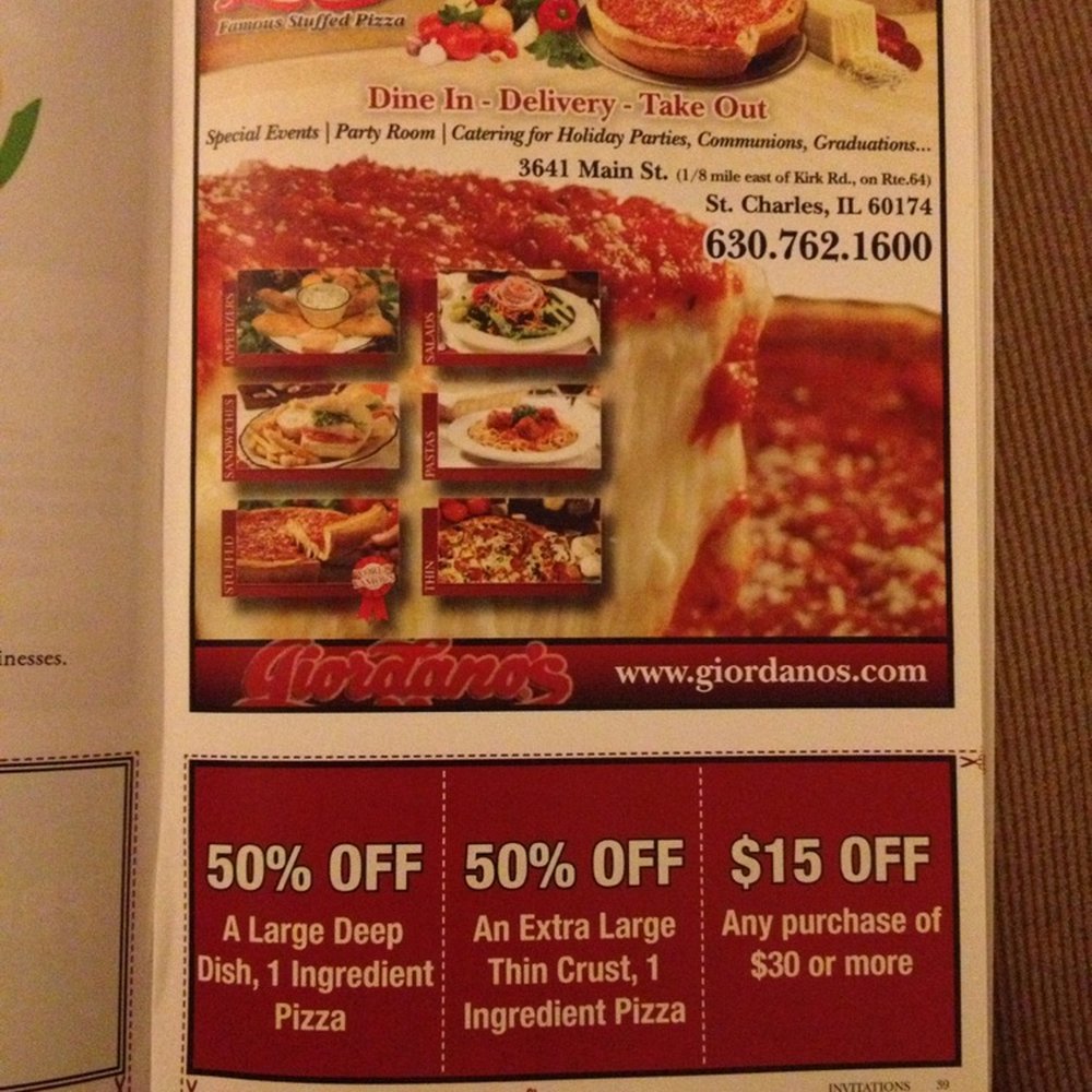 Giordano's - Giordano's claims they never issued this coupon in the Welcome Wagon coupon book. Gave us $3 off instead. Woo-f'ing-hoo! - Pizza Near Me - St. Charles, Illinois Giordano's - Giordano's claims they never issued this coupon in the Welcome Wagon coupon book. Gave us $3 off instead. Woo-f'ing-hoo! - Pizza Near Me - St. Charles, Illinois