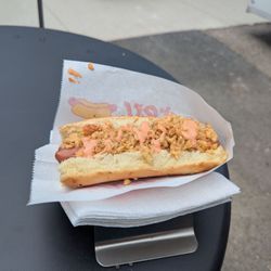 Seaside Sugar’s Donuts and Dogs - My delicious hot dog! Lots of people here for lunch.
