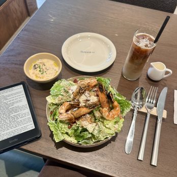 Botanico Waikiki - Cesar Salad w/ Shrimp (requested to be grilled) + Clam Chowder + Iced Latte - Mediterranean Near Me - Honolulu, Hawaii