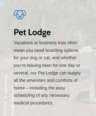 Pet Lodge - Your Pet’s Home
Away From Home
Our Kennel provides a safe and cozy place to sleep and the “Bark ~N~ Lounge” camp offers fun play and stimulating socialization during the day. Our staff members take pride in providing loving care for each dog boarding and visiting.