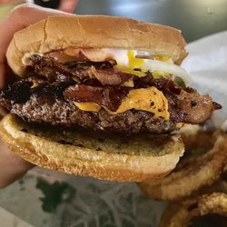 Walsh's Corner Cocktails - Bacon cheddar burger and rings. So good.
