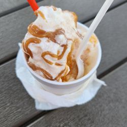 Twisted chill Snow Cones - Close up of snow cone on our nice tables for covered outdoor seating