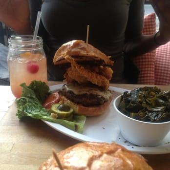 Peaches HotHouse - The Booker T sandwich. A burger with fried chicken on top - Southern Near Me - Brooklyn, New York Peaches HotHouse - The Booker T sandwich. A burger with fried chicken on top - Southern Near Me - Brooklyn, New York