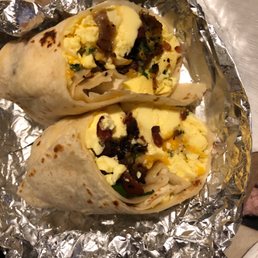 Bacon breakfast burrito; add cilantro, no potatoes