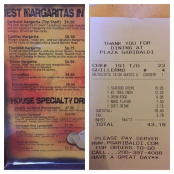 Plaza Garibaldi - Drink menu posted on all tables Vs. actual price charged. The server said "it's the old menu" but it's still up on the tables - Mexican Near Me - Seattle, Washington Plaza Garibaldi - Drink menu posted on all tables Vs. actual price charged. The server said "it's the old menu" but it's still up on the tables - Mexican Near Me - Seattle, Washington
