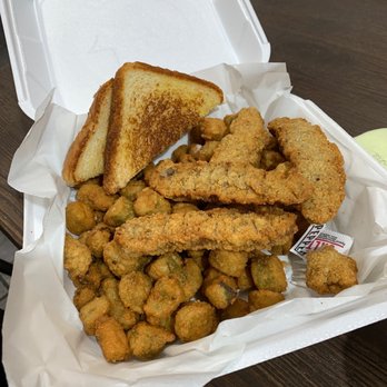 Bev's - Steak finger dinner with fried okra! So hot and fresh and way too much food! good - Gas Stations Near Me - Ponder, Texas