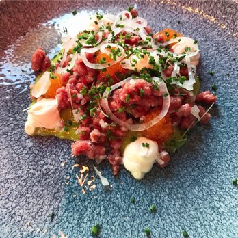 Restaurang CG - Tartar of beef filet, herb emulsion, pickled silver onion, soured cream, roe, watercress. - Bars Near Me - Luleå, BD