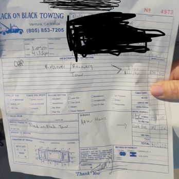 Black on Black Towing - 29 hours of storage. $802.50 - Towing Near Me - Ventura, California Black on Black Towing - 29 hours of storage. $802.50 - Towing Near Me - Ventura, California
