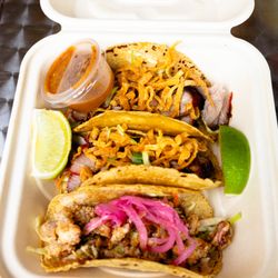 Sunshine HK Cafe Express - barbecued pork taco (the best) + popcorn chicken taco