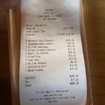 AquaSan - Receipt - Pan Asian Near Me - Juno Beach, Florida AquaSan - Receipt - Pan Asian Near Me - Juno Beach, Florida