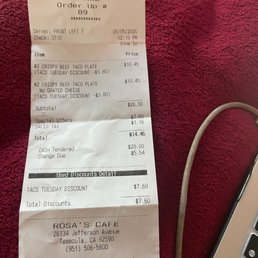 Rosa Tortilla Factory receipt.