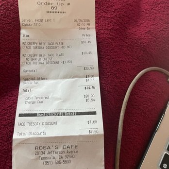 Guadalajara Mexican Grill - Rosa Tortilla Factory receipt. - Mexican Near Me - Temecula, California