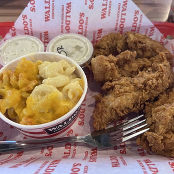 Waldo's Chicken & Beer - 4 piece tender with Mac n Cheese as a side. - Chicken Shop Near Me - Denver, Colorado Waldo's Chicken & Beer - 4 piece tender with Mac n Cheese as a side. - Chicken Shop Near Me - Denver, Colorado