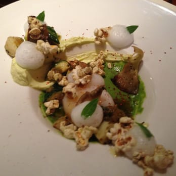 Barley Swine - Soft duck egg, grilled zucchini, popcorn, goat cheese, dill froth - New American Near Me - Austin, Texas Barley Swine - Soft duck egg, grilled zucchini, popcorn, goat cheese, dill froth - New American Near Me - Austin, Texas