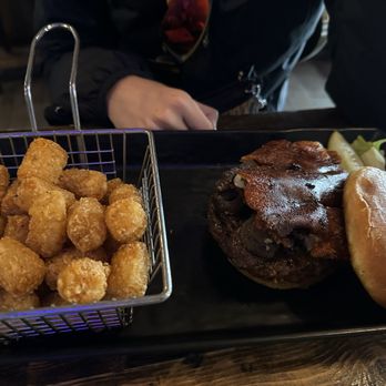 Tavern On Main - Burger with mushrooms, grilled onions, cheese and a lot bacon - Bars Near Me - Crown Point, Indiana Tavern On Main - Burger with mushrooms, grilled onions, cheese and a lot bacon - Bars Near Me - Crown Point, Indiana