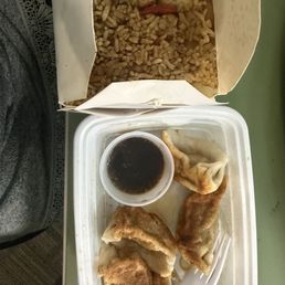 Small pork fried rice and pan fried dumplings (picture shows two less dumplings-I was really hungry)....