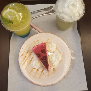 Coffee Factory - Lemonade and matcha frap and berry cake - Desserts Near Me - Flushing, New York Coffee Factory - Lemonade and matcha frap and berry cake - Desserts Near Me - Flushing, New York