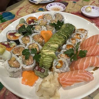 Sushi Miyagi - From left to right - JK Maki - crispy spicy sake maki - crispy spicy yellowtail - Caterpillar -spicy scallop - salmon nigiri - Sushi Bars Near Me - Houston, Texas Sushi Miyagi - From left to right - JK Maki - crispy spicy sake maki - crispy spicy yellowtail - Caterpillar -spicy scallop - salmon nigiri - Sushi Bars Near Me - Houston, Texas