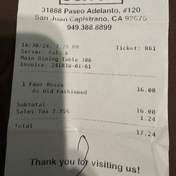 Finca - Receipt for cocktail - Wine Bars Near Me - San Juan Capistrano, California Finca - Receipt for cocktail - Wine Bars Near Me - San Juan Capistrano, California