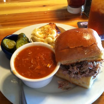 Cue Barbecue - Chopped pork sandwich platter with Brunswick stew and Mac and cheese. Yum! - Barbeque Near Me - Milton, Georgia Cue Barbecue - Chopped pork sandwich platter with Brunswick stew and Mac and cheese. Yum! - Barbeque Near Me - Milton, Georgia