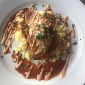 Marina Cafe - Seared Salmon with squash risotto and eggplant - Seafood Near Me - Destin, Florida Marina Cafe - Seared Salmon with squash risotto and eggplant - Seafood Near Me - Destin, Florida