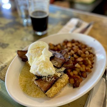 Egg - Corn Bread Benedict - 2 Poached Eggs, Corn Bread, Hollandaise & Smoked Pork Belly - Breakfast & Brunch Near Me - Saint Louis, Missouri Egg - Corn Bread Benedict - 2 Poached Eggs, Corn Bread, Hollandaise & Smoked Pork Belly - Breakfast & Brunch Near Me - Saint Louis, Missouri