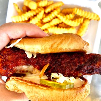 Crazy D's Hot Chicken - Medium spice chicken sandwich with fries! - Chicken Shop Near Me - Reno, Nevada Crazy D's Hot Chicken - Medium spice chicken sandwich with fries! - Chicken Shop Near Me - Reno, Nevada