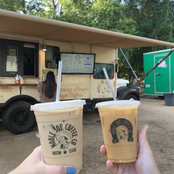 Noble Joe Coffee - Caramel Latte - 16 oz.   Iced (left) Cold brew with CBD and oat milk (right) - Coffee & Tea Near Me - Austin, Texas