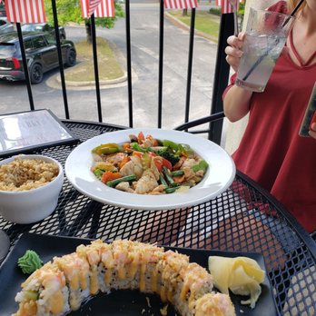 Bangkok Haus - Vegetable stir fry and Double shrimp sushi - Thai Near Me - Helen, Georgia Bangkok Haus - Vegetable stir fry and Double shrimp sushi - Thai Near Me - Helen, Georgia