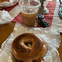 The Purple Pit Coffee Lounge - Cinnamon raisin bagel sandwich with egg, cheese, bacon.