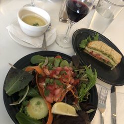 Spice of Life Cafe - Salmon salad, soup of the day (curry coconut cauliflower), pan bagna sandwich, Zinfandel
