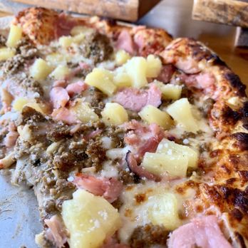 Fire and Brimstone - "Make your own" pizza with ham, pineapple, lamb sausage and mozzarella - Pizza Near Me - Gilbert, Arizona Fire and Brimstone - "Make your own" pizza with ham, pineapple, lamb sausage and mozzarella - Pizza Near Me - Gilbert, Arizona