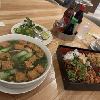 Pink Buddha - Large chicken pho with double fried tofu and bok choy and bento box with garlic spicy chicken and miso soup - Chinese Near Me - El Cajon, California Pink Buddha - Large chicken pho with double fried tofu and bok choy and bento box with garlic spicy chicken and miso soup - Chinese Near Me - El Cajon, California