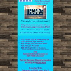 PDC Spa & Pool World - Customer Appreciation Day!
Snacks, Prizes and Discounts!
Saturday 4/25/26 9:00 to 3:00
Thank you for your continued support!
